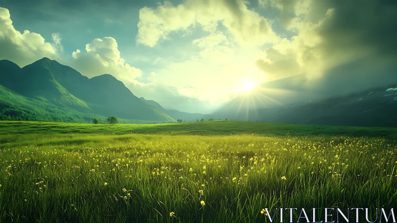 Sunrise spills liquid gold across a whispering mountain meadow