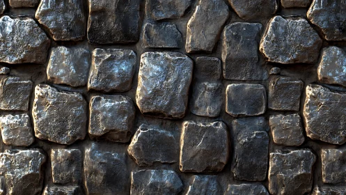 Weatherworn stonewall gleaming with rugged metallic light.