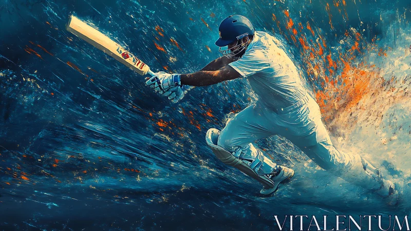 Cricket batsman carves blazing strokes through liquid sky.