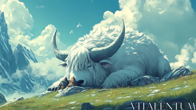 Gigantic alpine horned beast in serene highland dormancy.