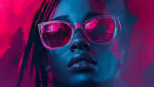 Neon blue cyberpunk portrait with reflective magenta lenses.