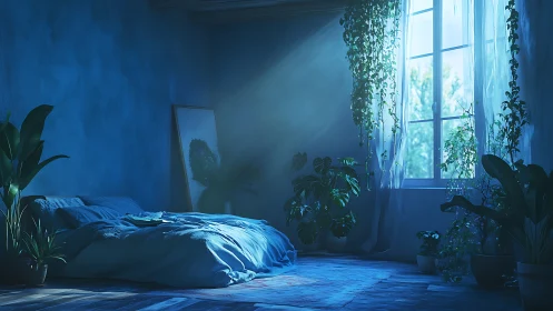 Blue bedroom interior with plants and morning window light.