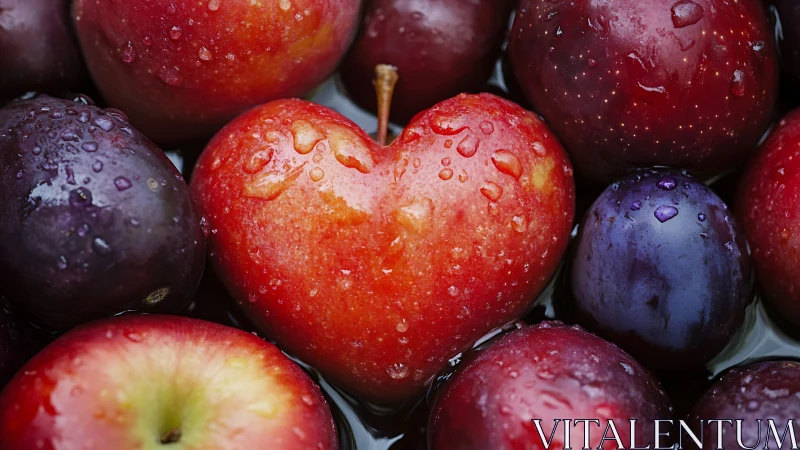Macro heart-shaped apple amid plums in saturated color study.