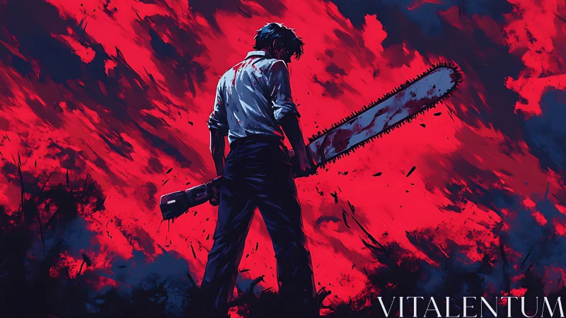 Digital painting of lone chainsaw wielder in infernal field.