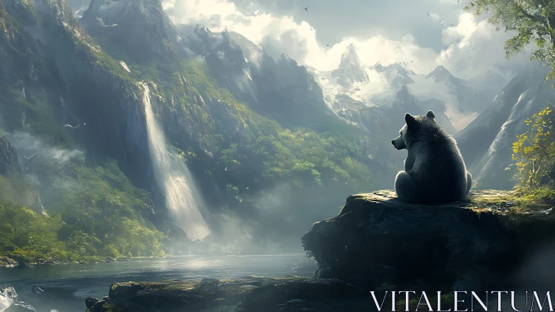 Digital painting of contemplative bear in misty alpine valley.