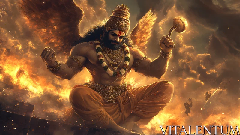 Winged warrior figure sits amid dense clouds and fire