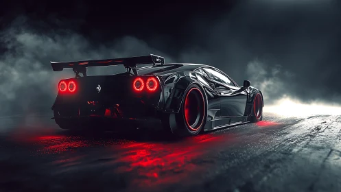 Widebody hypercar rendered with volumetric fog and neon rim glow