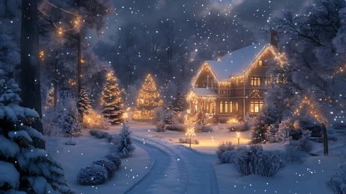 Snowfall serenade over a lantern-lit winter cottage retreat.