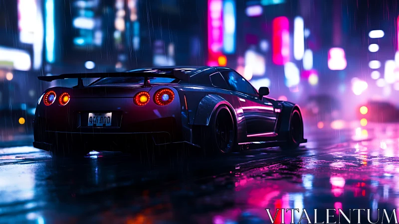 Rear-quarter view sports coupe in neon soaked rainy cityscape
