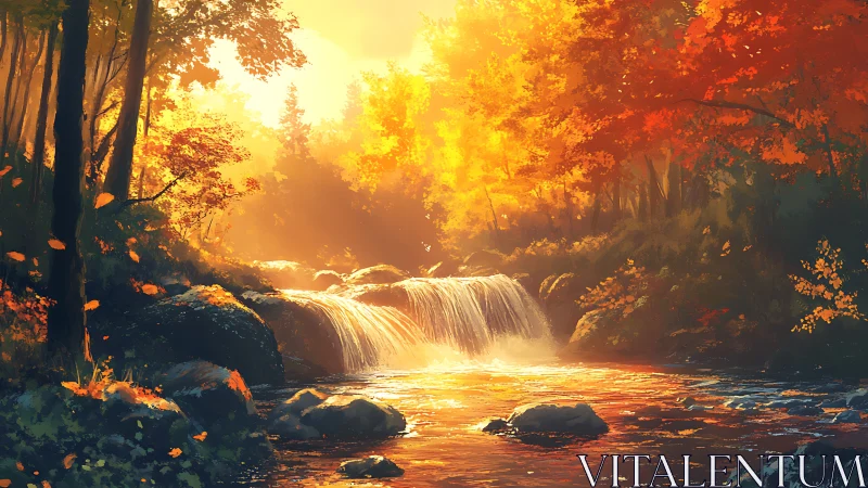 Golden autumn waterfall glows through tranquil forest light