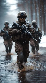 Armed soldiers advance through icy water in harsh snowfall