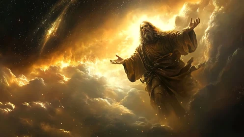 Celestial sage rises through blazing clouds of cosmic dawn.