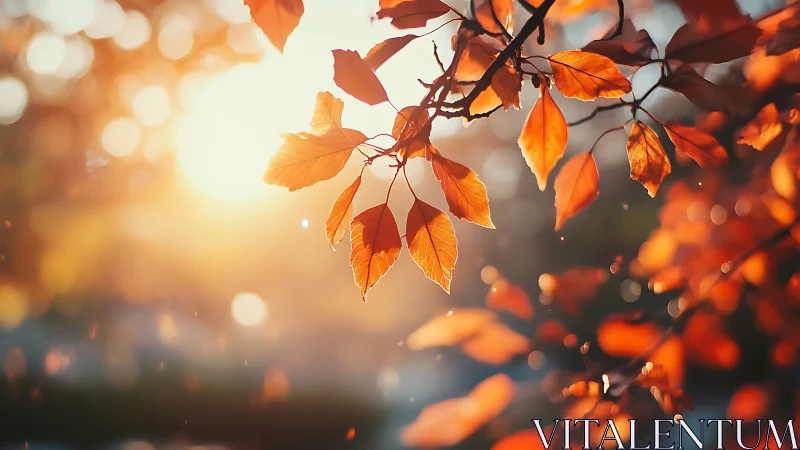 Backlit autumn leaves glowing in warm evening sunlight.