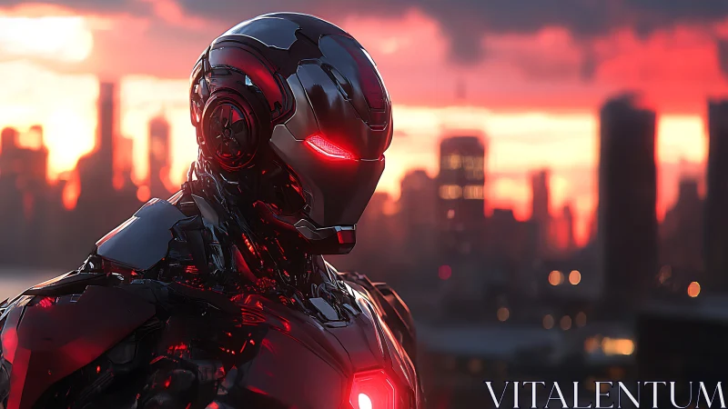 Crimson armored android watches a neon city at sundown