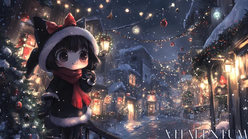 Chibi girl enjoys cozy Christmas night in snowy town street.