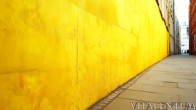 Sunlit yellow alleyway stretching toward a distant city glow.