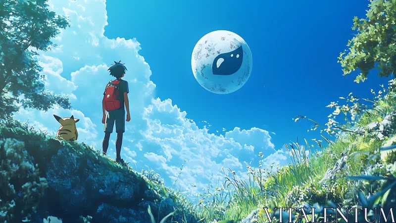 Boy and small creature watching floating orb under blue sky.