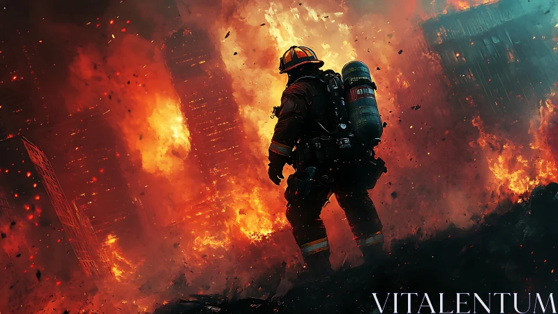 Firefighter in urban fire rescue operation amid intense combustion.