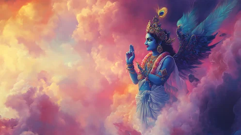 Celestial blue deity ascends through auroras of sacred cloud.