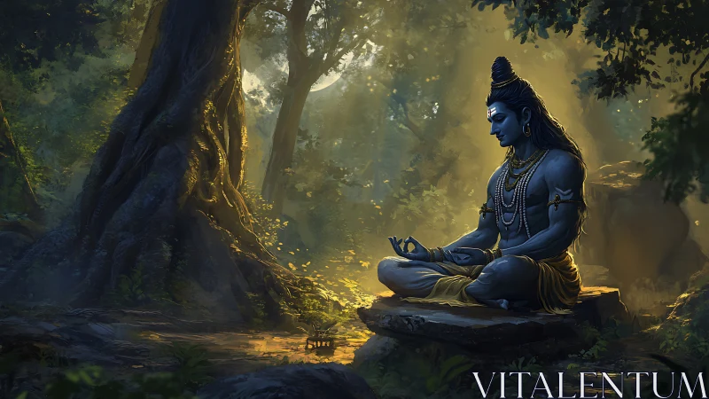 Gentle blue yogi rests in golden forest meditation light