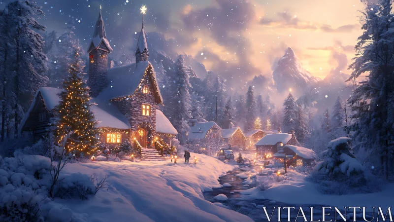 Winter twilight village hums softly beneath lantern-lit snow
