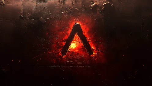 Digital painting of molten triangular sigil on scorched metal wall.