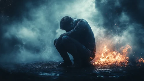 Solitary figure curls beside fire in a storm of smoke and rain