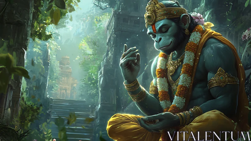 Serene blue monkey deity meditating in lush ruins.