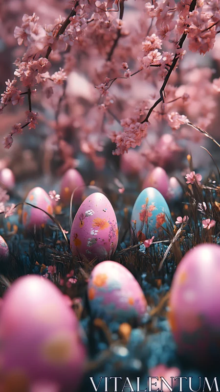 Floral pastel Easter eggs beneath blooming cherry branches.