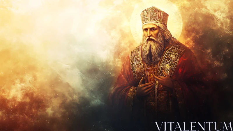 Radiant bishop drifts through embers of painted twilight