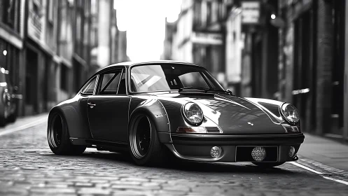 Classic sports coupe parked on cobblestone city street.