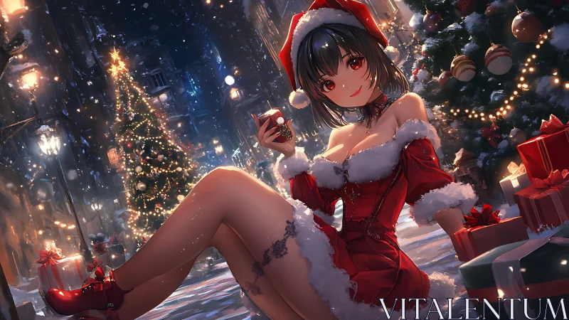 Anime Christmas girl in red Santa dress amid festive street lights