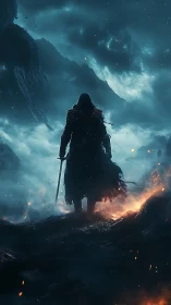 Lone cloaked warrior strides through mist and embers.