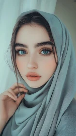 Blue-eyed woman in soft teal headscarf, stylized portrait.