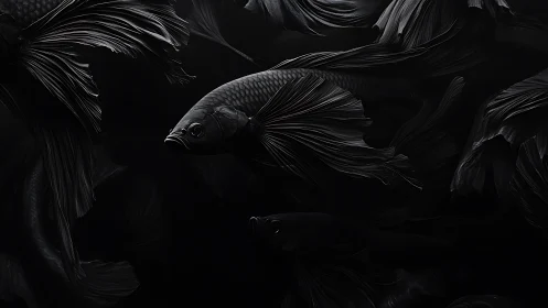 Monochrome betta fish forms in low key aquatic composition.