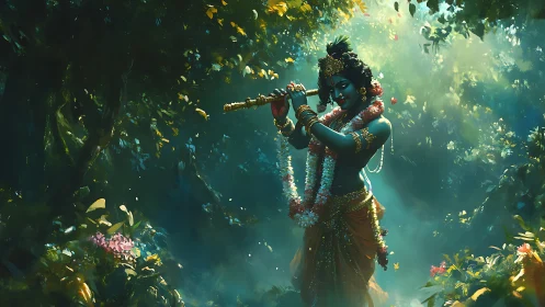 Divine flute player stands in glowing forest clearing.