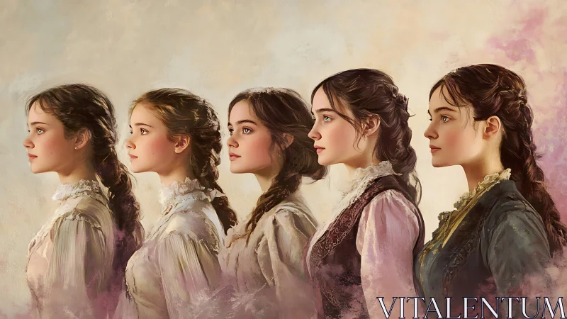 Five Young Women in Vintage Attire, Classical Painted Style.