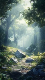 Sunlit Forest Path with Rock Formations and Dense Canopy