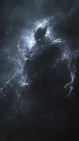 Stormborn shadow strides from the void in crackling light