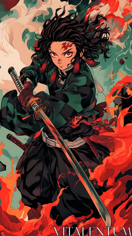 Flame-wreathed swordsman carves power through swirling chaos.