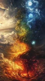 Elemental vortex unifies fire, water, earth and cosmic night