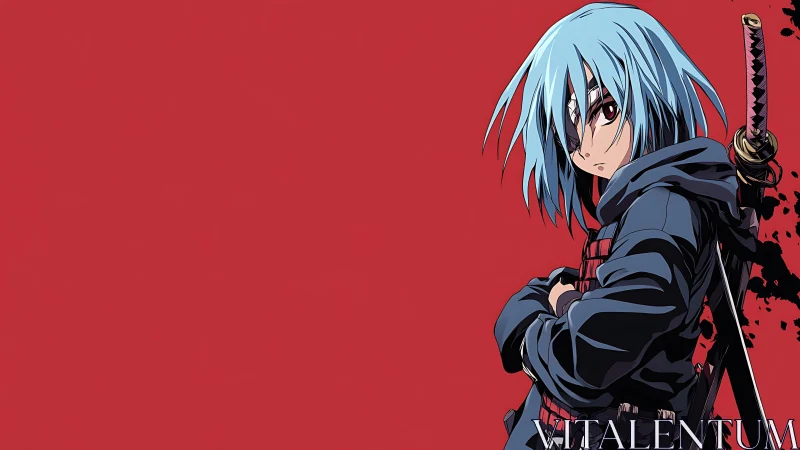 Blue haired anime swordsman in tactical hoodie on red field