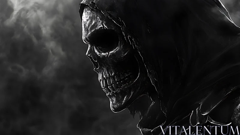 Side-lit skeletal reaper portrait employs high-contrast chiaroscuro