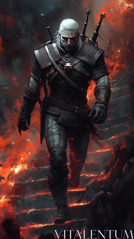 White-haired warrior strides through burning ruin with grim resolve