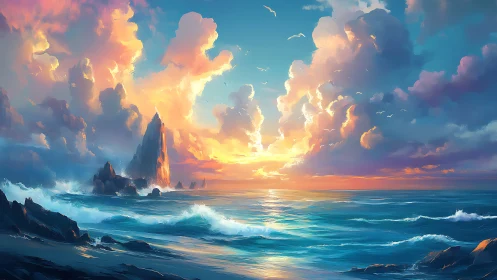 Coastal seascape with rock formations at sunset horizon.