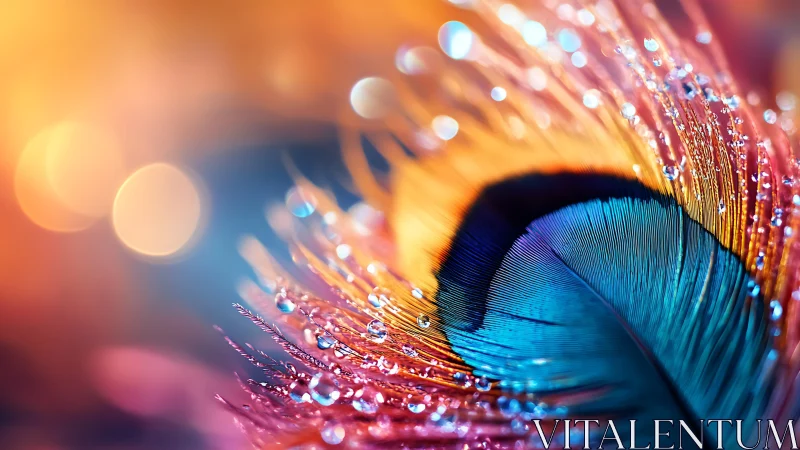 Prismatic peacock feather drenched in dawnlight dreams.