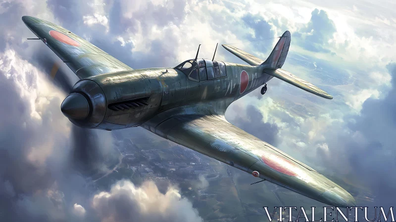 Japanese WWII fighter aircraft in high altitude flight scene.
