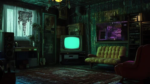 Retro living room interior shows CRT television and sofas