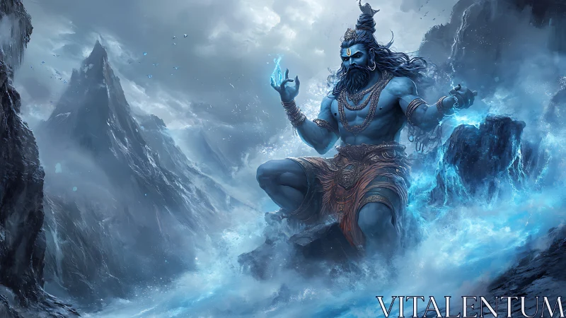 Mythic blue deity commands elemental ice amid stormy peaks.