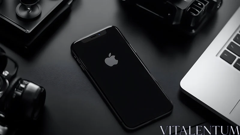 Midnight-black smartphone rules a sleek creative desk scene.